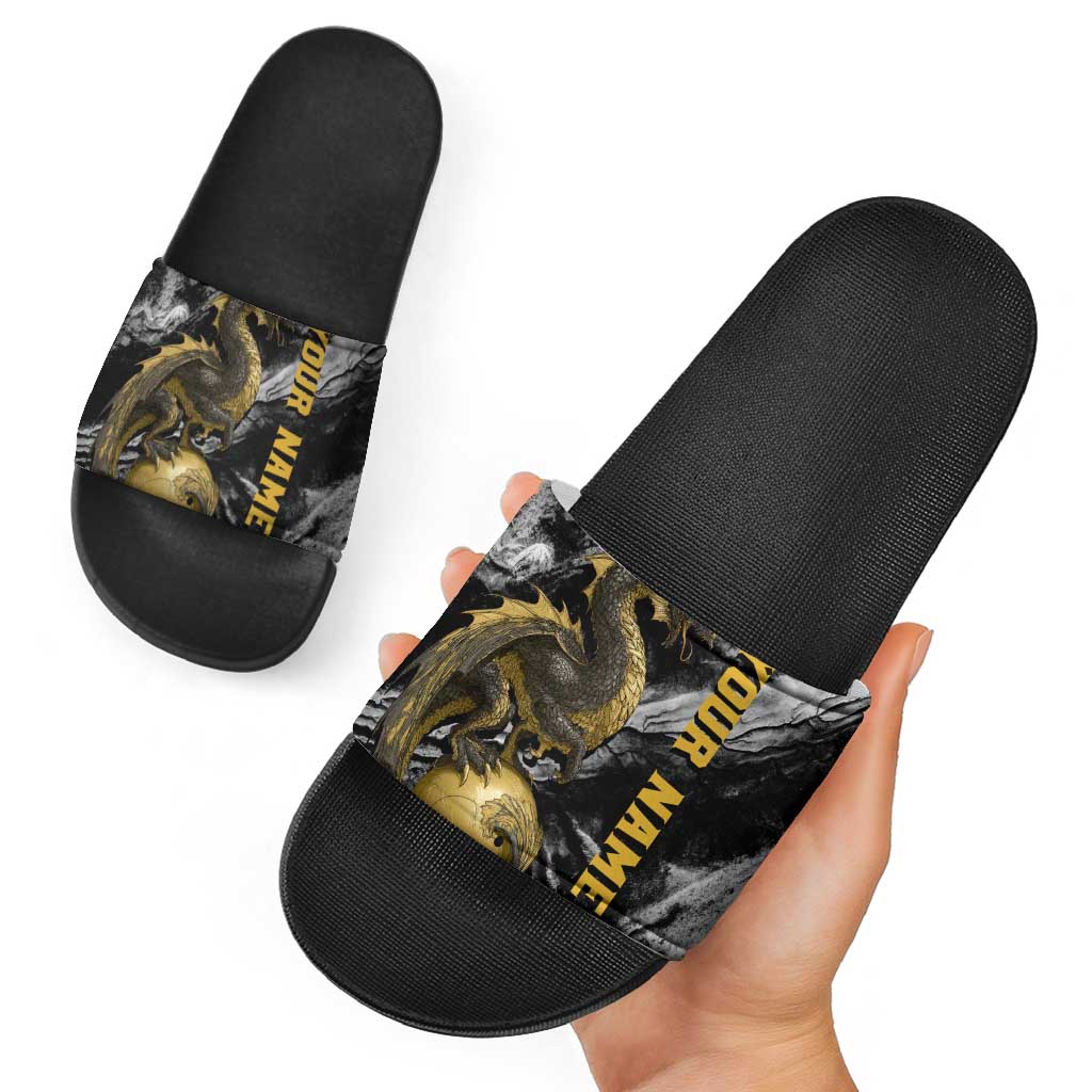 Golden Dragon and Bowling Ball Design Slide Sandals with Marble Stone Texture and Custom Team Name Text - Wonder Print Shop