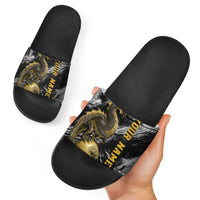 Golden Dragon and Bowling Ball Design Slide Sandals with Marble Stone Texture and Custom Team Name Text - Wonder Print Shop