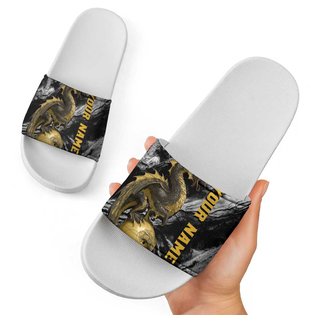 Golden Dragon and Bowling Ball Design Slide Sandals with Marble Stone Texture and Custom Team Name Text - Wonder Print Shop