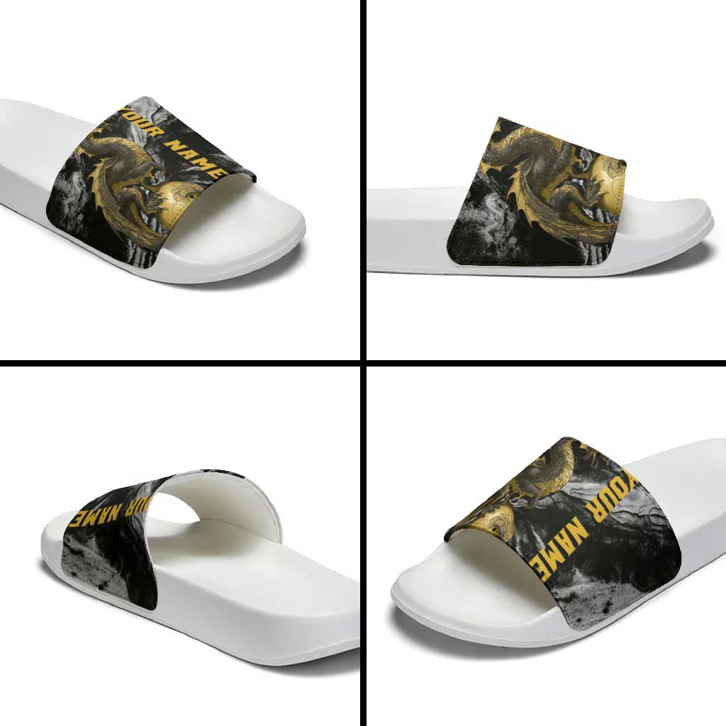 Golden Dragon and Bowling Ball Design Slide Sandals with Marble Stone Texture and Custom Team Name Text - Wonder Print Shop