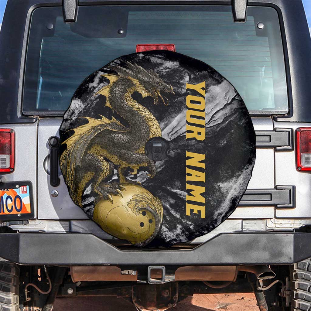Golden Dragon and Bowling Ball Design Spare Tire Cover with Marble Stone Texture and Custom Team Name Text - Wonder Print Shop