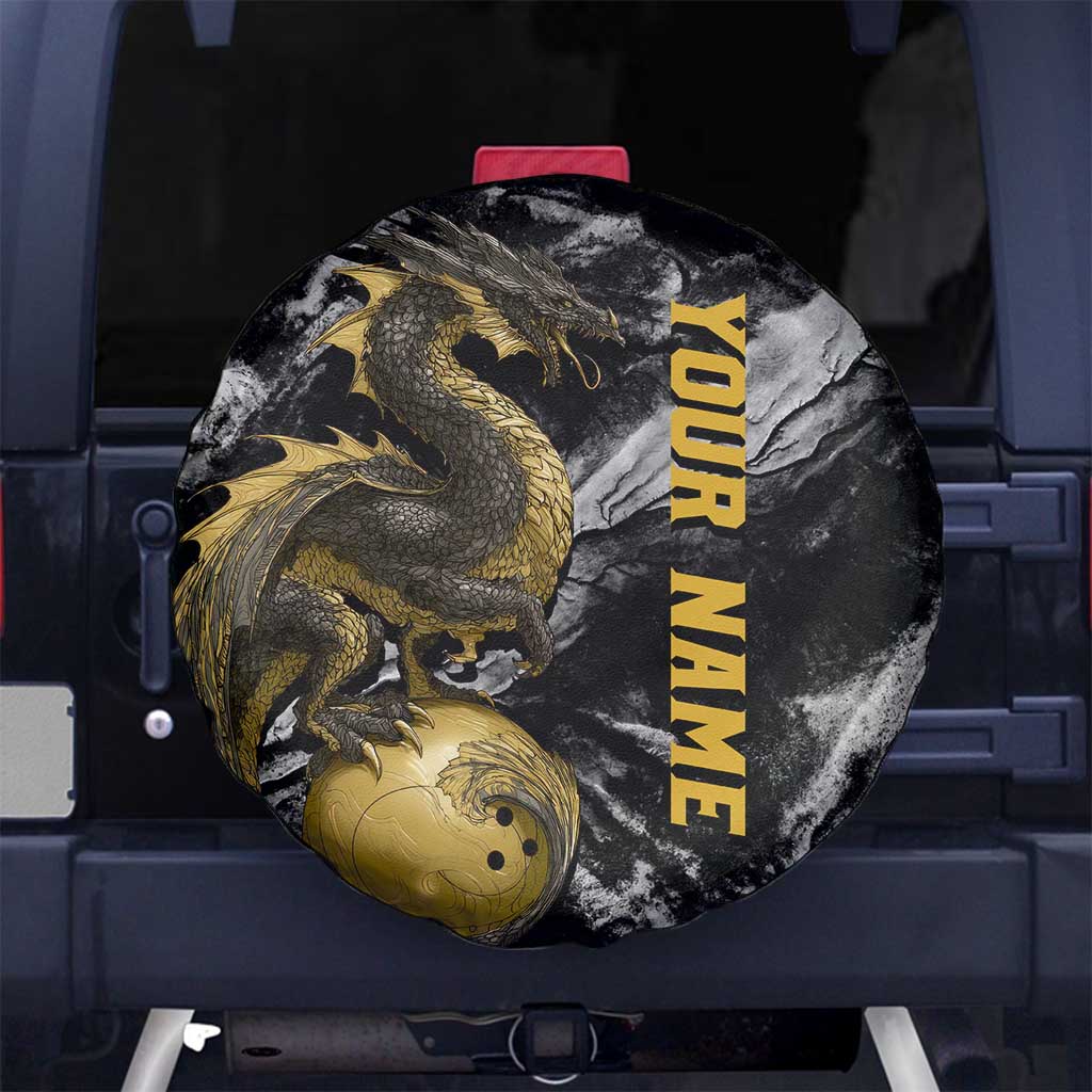 Golden Dragon and Bowling Ball Design Spare Tire Cover with Marble Stone Texture and Custom Team Name Text - Wonder Print Shop