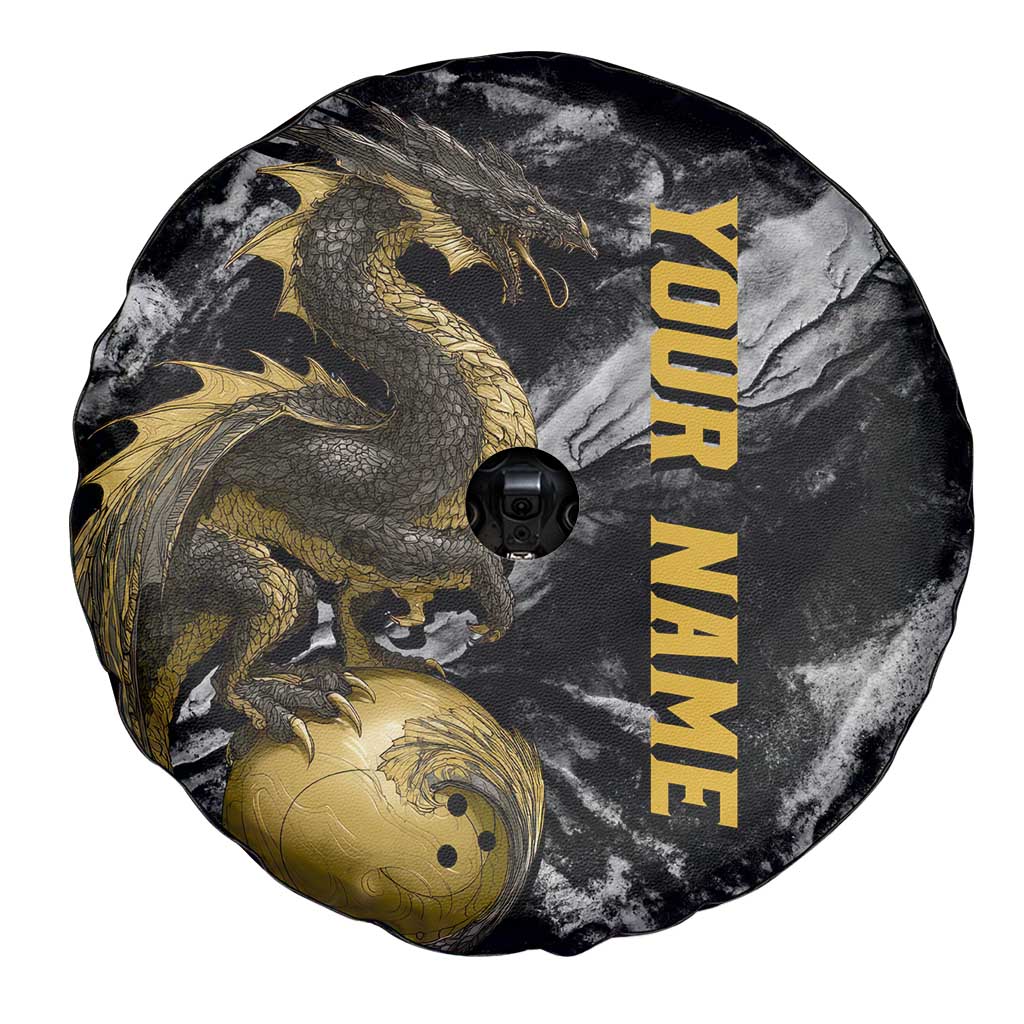 Golden Dragon and Bowling Ball Design Spare Tire Cover with Marble Stone Texture and Custom Team Name Text - Wonder Print Shop