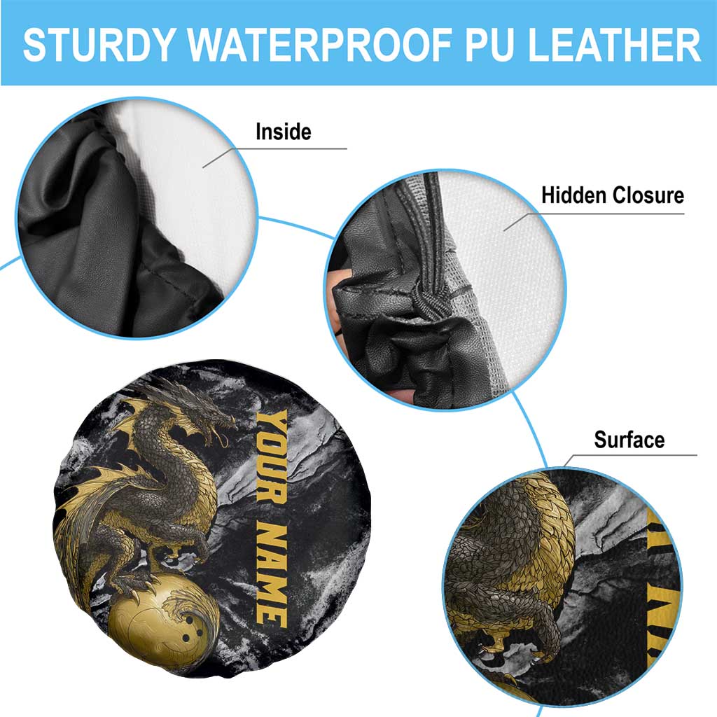 Golden Dragon and Bowling Ball Design Spare Tire Cover with Marble Stone Texture and Custom Team Name Text - Wonder Print Shop