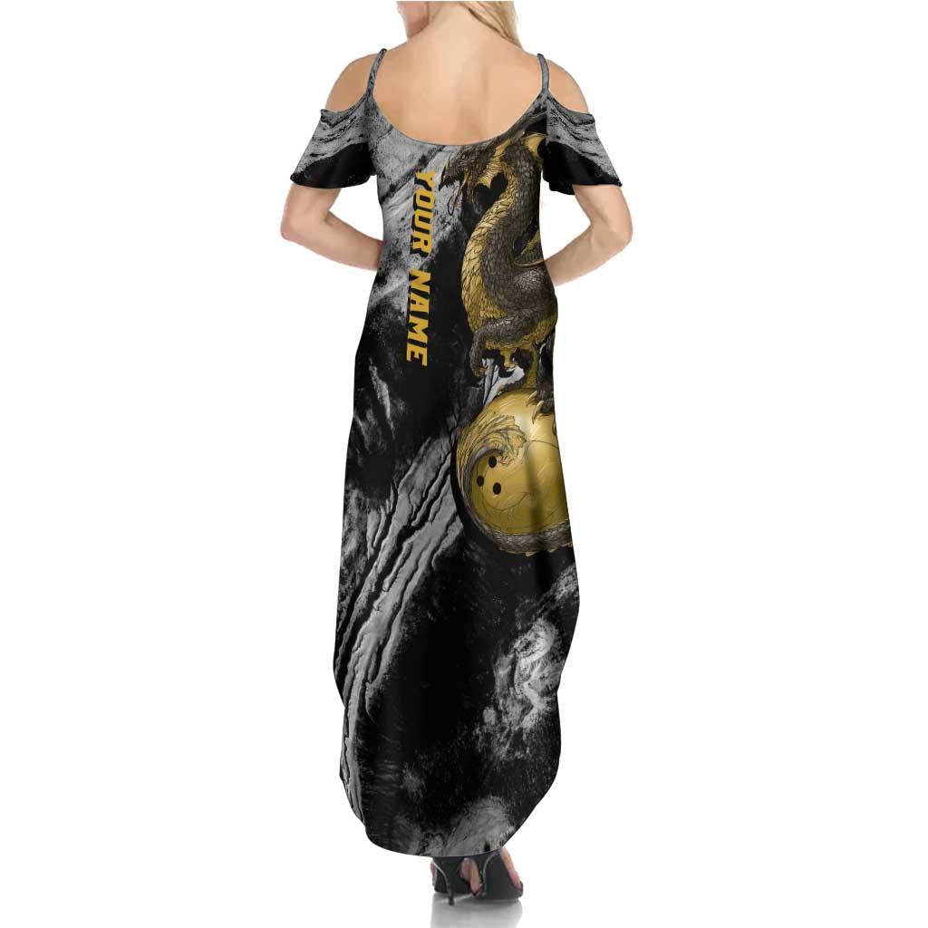 Golden Dragon and Bowling Ball Design Summer Maxi Dress with Marble Stone Texture and Custom Team Name Text - Wonder Print Shop