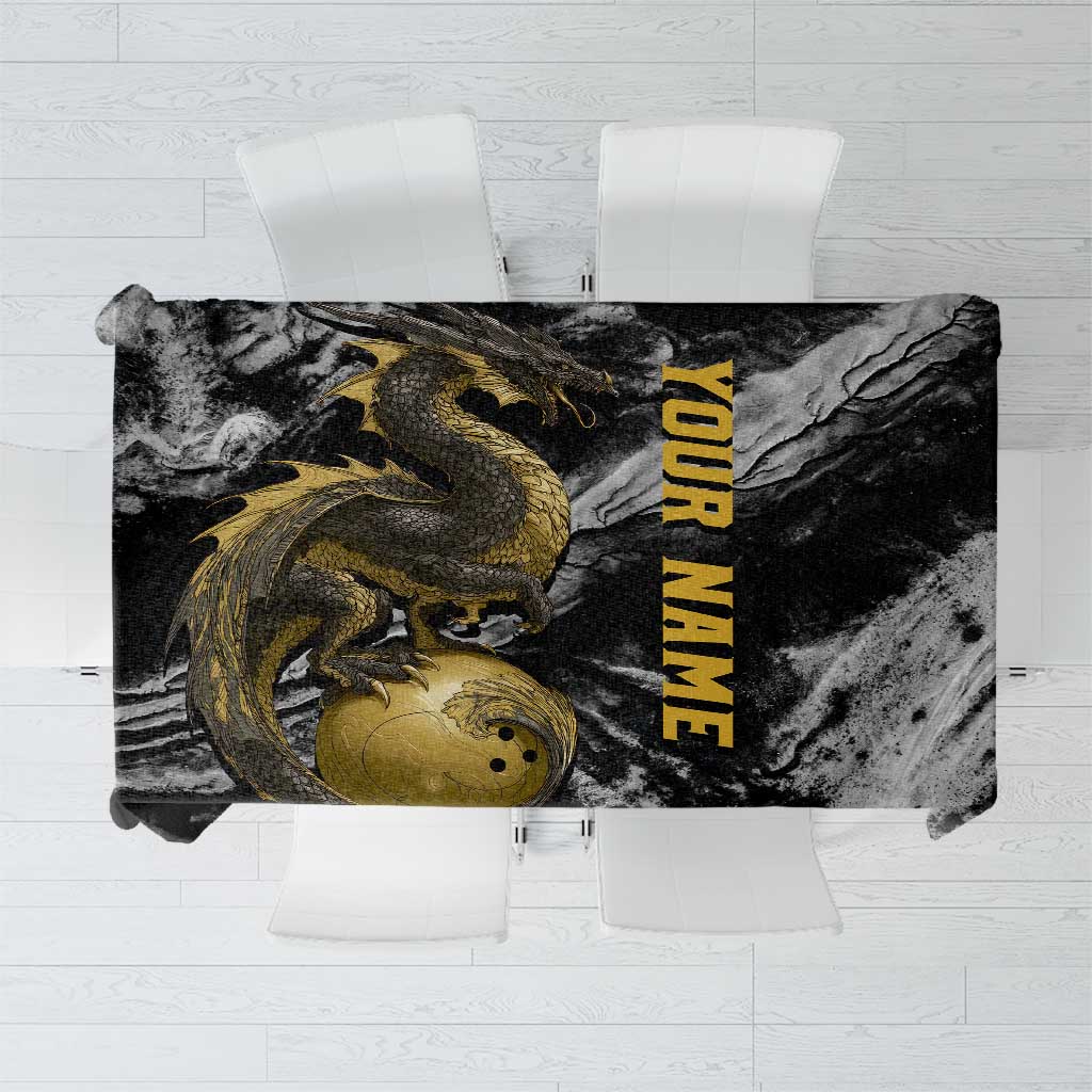 Golden Dragon and Bowling Ball Design Tablecloth with Marble Stone Texture and Custom Team Name Text - Wonder Print Shop