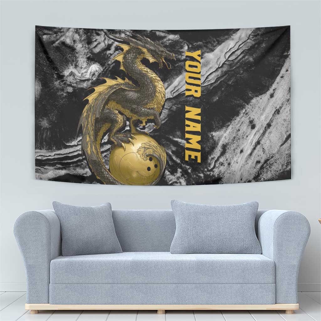 Golden Dragon and Bowling Ball Design Tapestry with Marble Stone Texture and Custom Team Name Text - Wonder Print Shop