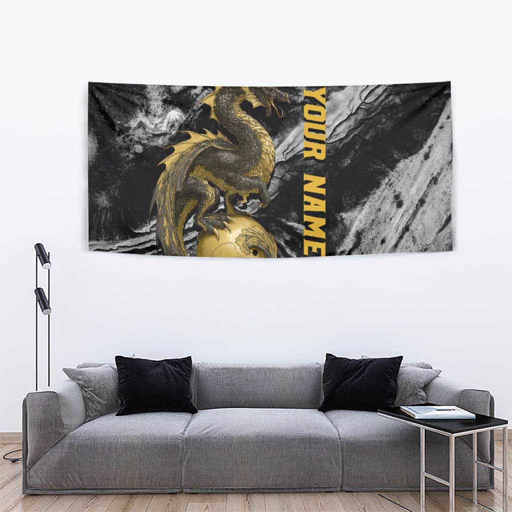 Golden Dragon and Bowling Ball Design Tapestry with Marble Stone Texture and Custom Team Name Text - Wonder Print Shop