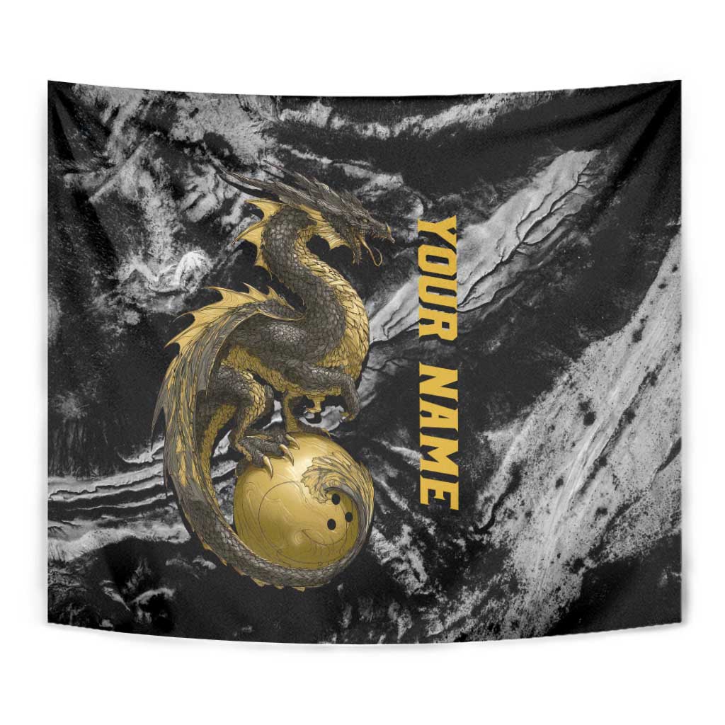 Golden Dragon and Bowling Ball Design Tapestry with Marble Stone Texture and Custom Team Name Text - Wonder Print Shop