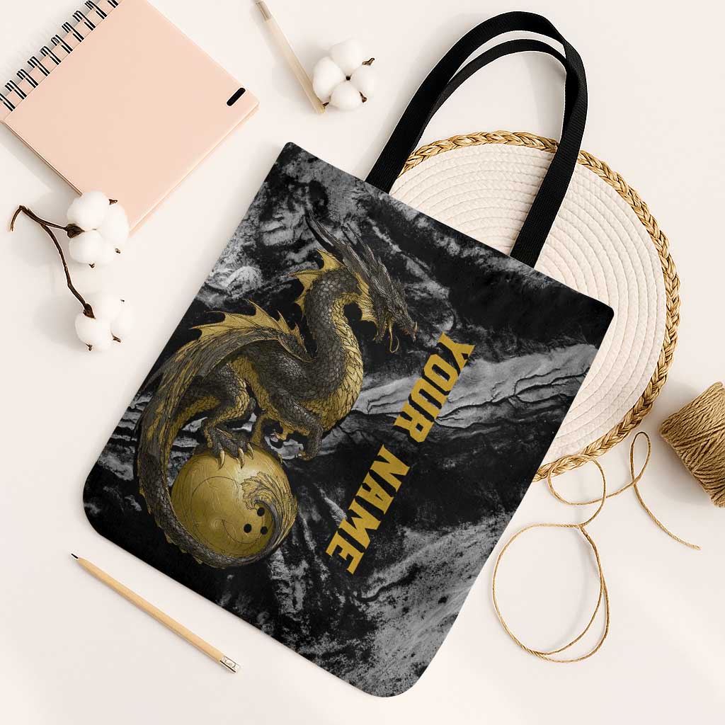 Golden Dragon and Bowling Ball Design Tote Bag with Marble Stone Texture and Custom Team Name Text - Wonder Print Shop