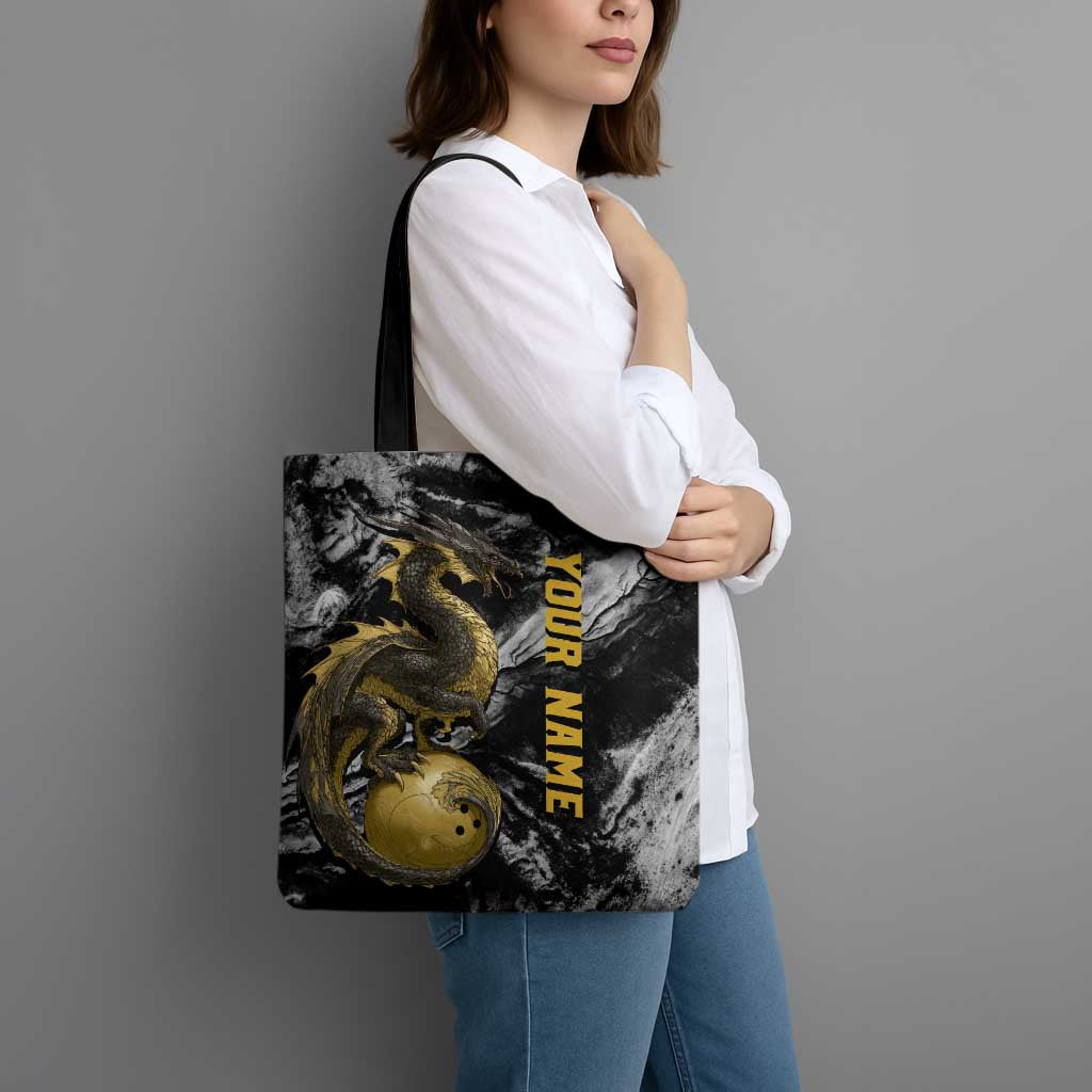 Golden Dragon and Bowling Ball Design Tote Bag with Marble Stone Texture and Custom Team Name Text - Wonder Print Shop