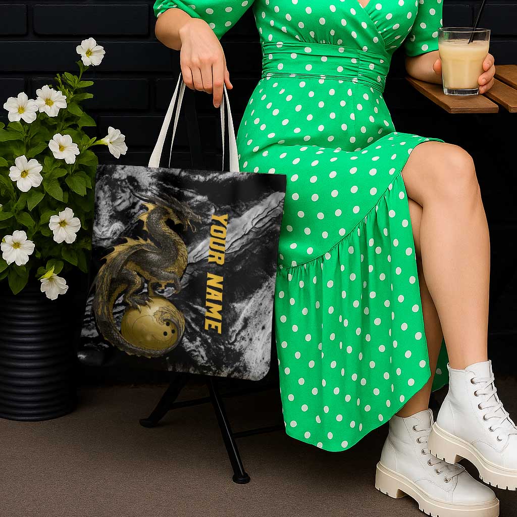 Golden Dragon and Bowling Ball Design Tote Bag with Marble Stone Texture and Custom Team Name Text - Wonder Print Shop