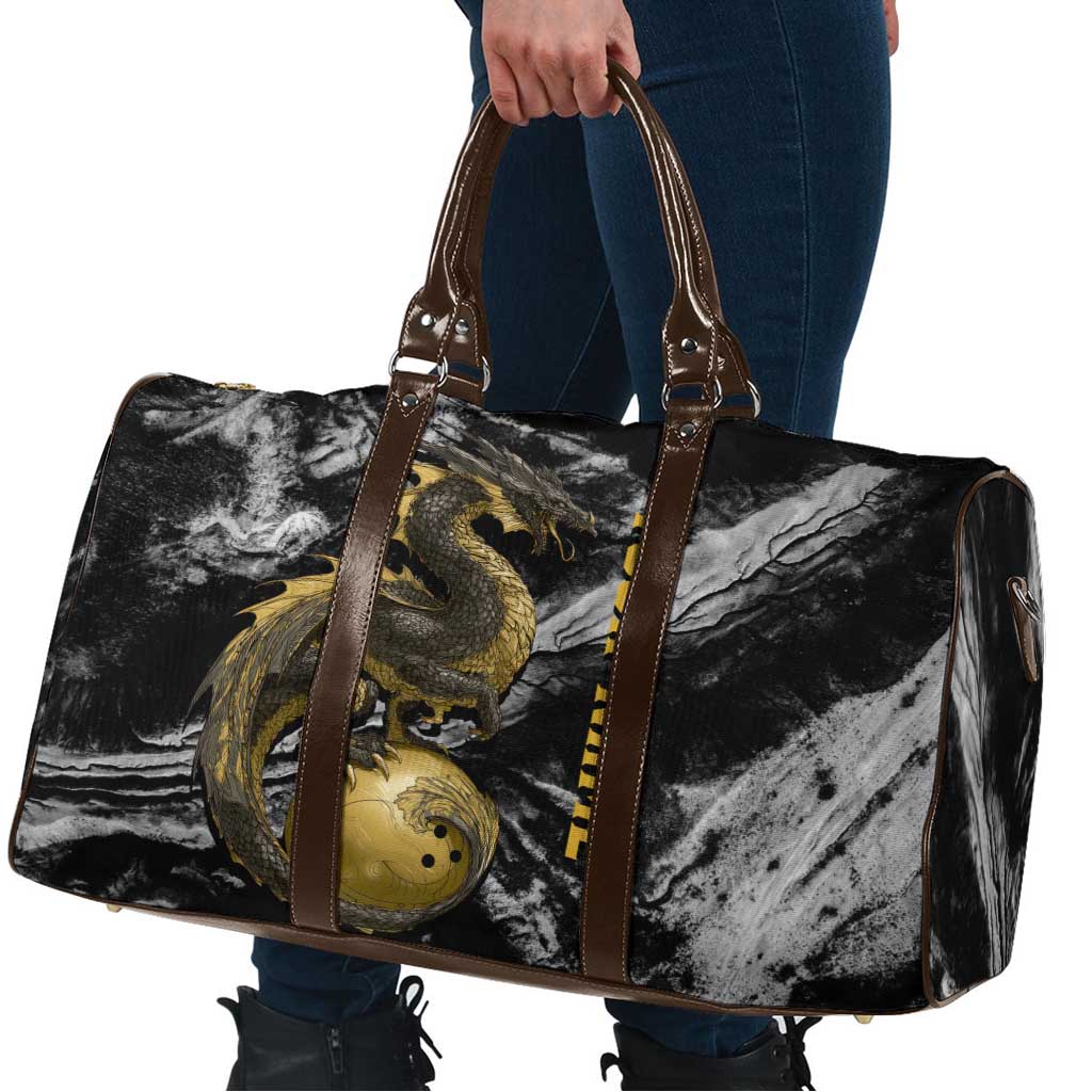Golden Dragon and Bowling Ball Design Travel Bag with Marble Stone Texture and Custom Team Name Text - Wonder Print Shop