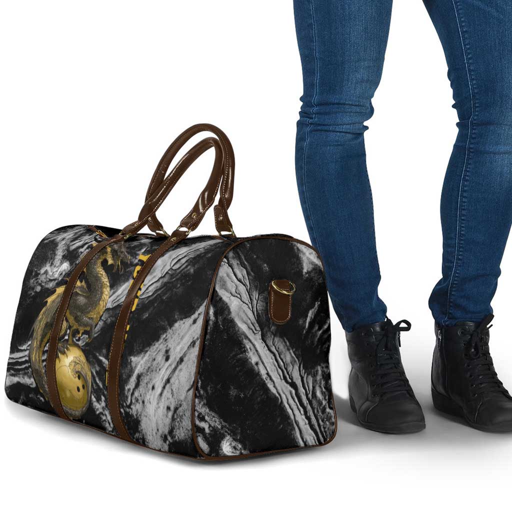 Golden Dragon and Bowling Ball Design Travel Bag with Marble Stone Texture and Custom Team Name Text - Wonder Print Shop