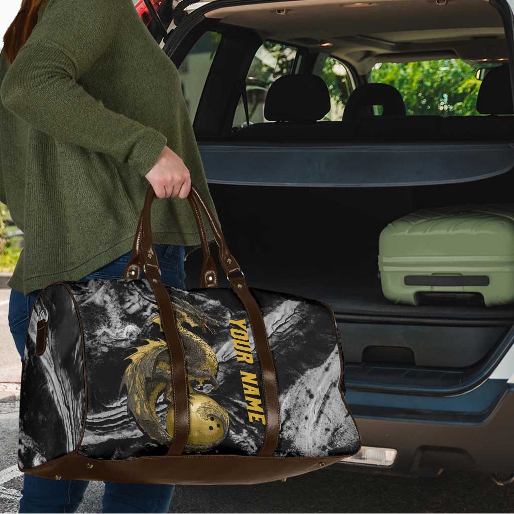 Golden Dragon and Bowling Ball Design Travel Bag with Marble Stone Texture and Custom Team Name Text - Wonder Print Shop