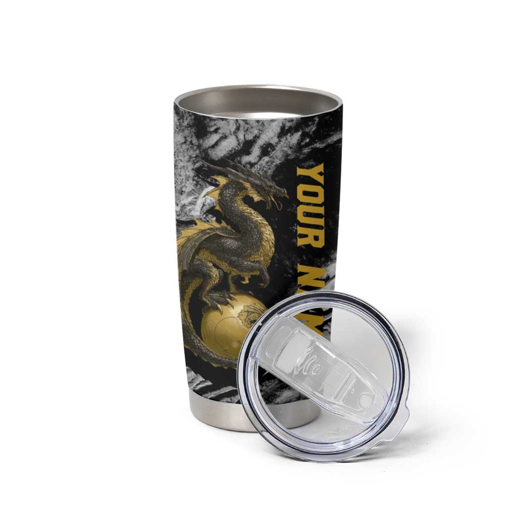 Golden Dragon and Bowling Ball Design Tumbler Cup with Marble Stone Texture and Custom Team Name Text - Wonder Print Shop