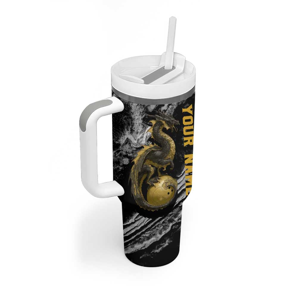Golden Dragon and Bowling Ball Design Tumbler With Handle with Marble Stone Texture and Custom Team Name Text - Wonder Print Shop