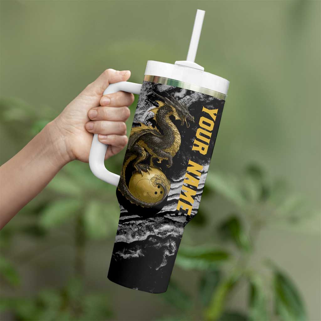 Golden Dragon and Bowling Ball Design Tumbler With Handle with Marble Stone Texture and Custom Team Name Text - Wonder Print Shop