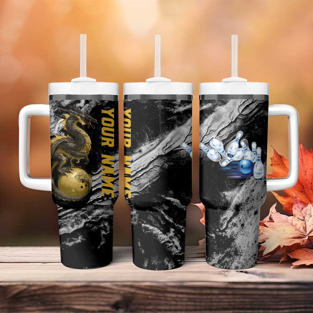 Golden Dragon and Bowling Ball Design Tumbler With Handle with Marble Stone Texture and Custom Team Name Text - Wonder Print Shop