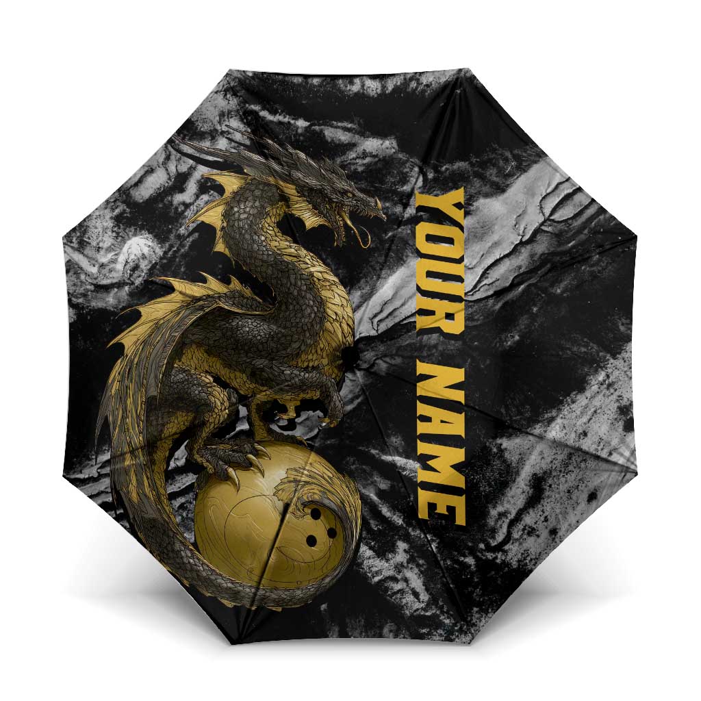 Golden Dragon and Bowling Ball Design Umbrella with Marble Stone Texture and Custom Team Name Text - Wonder Print Shop
