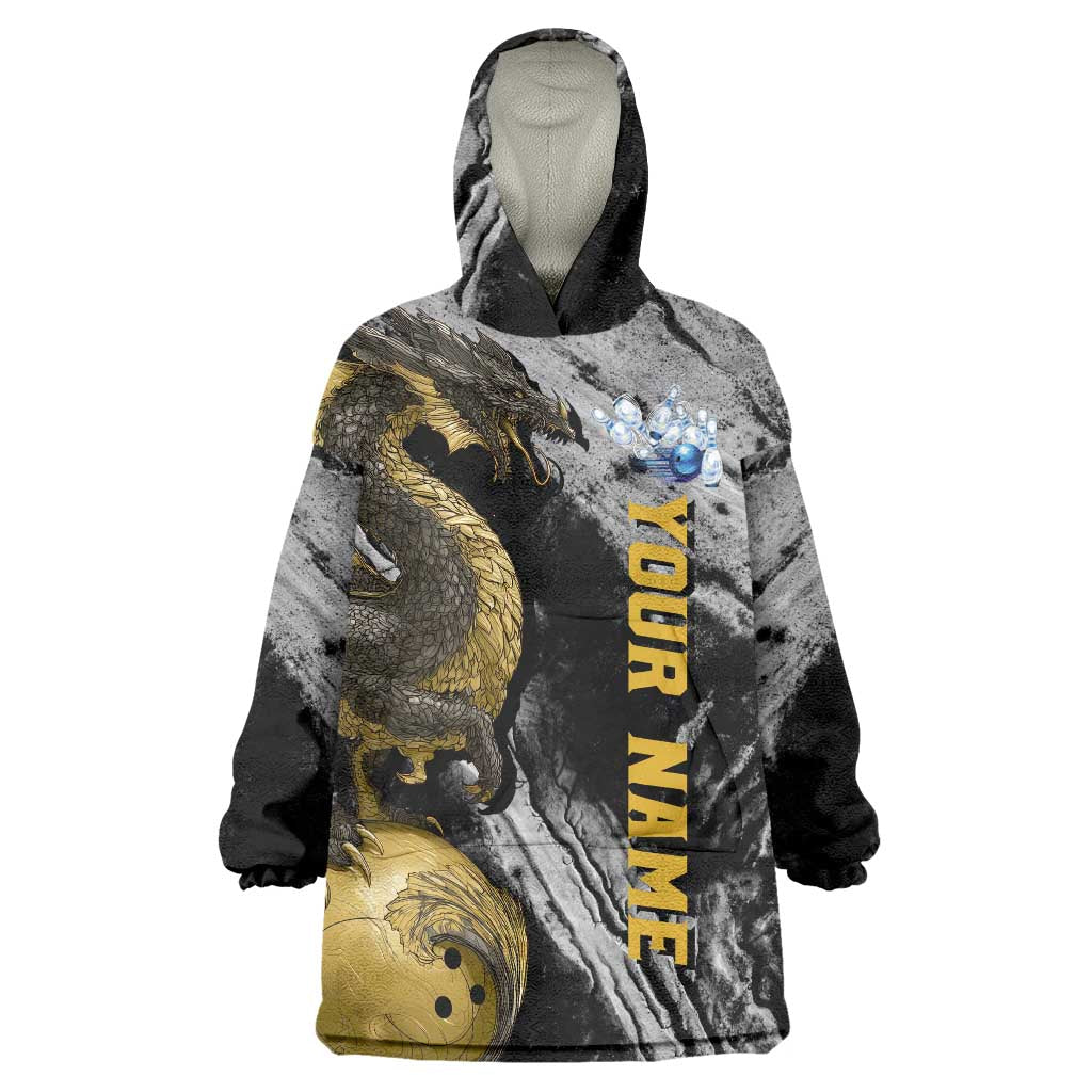 Golden Dragon and Bowling Ball Design Wearable Blanket Hoodie with Marble Stone Texture and Custom Team Name Text - Wonder Print Shop