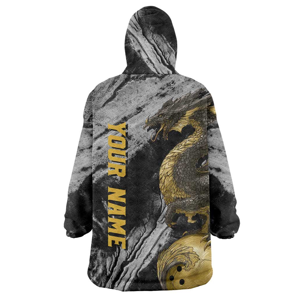 Golden Dragon and Bowling Ball Design Wearable Blanket Hoodie with Marble Stone Texture and Custom Team Name Text - Wonder Print Shop