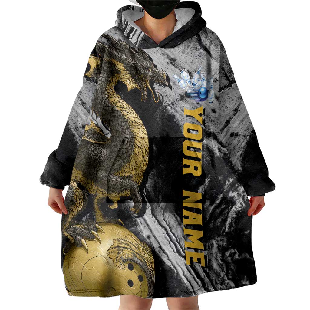 Golden Dragon and Bowling Ball Design Wearable Blanket Hoodie with Marble Stone Texture and Custom Team Name Text - Wonder Print Shop