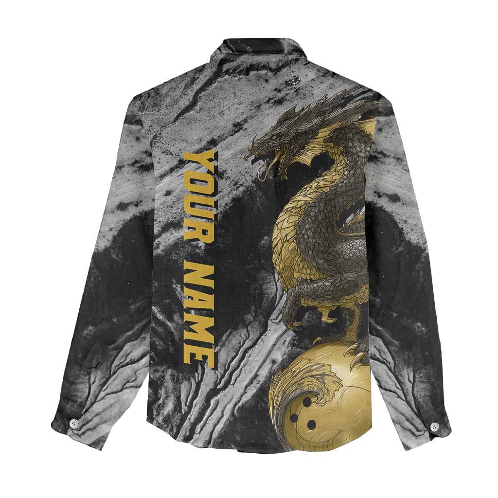 Golden Dragon and Bowling Ball Design Women Casual Shirt with Marble Stone Texture and Custom Team Name Text - Wonder Print Shop