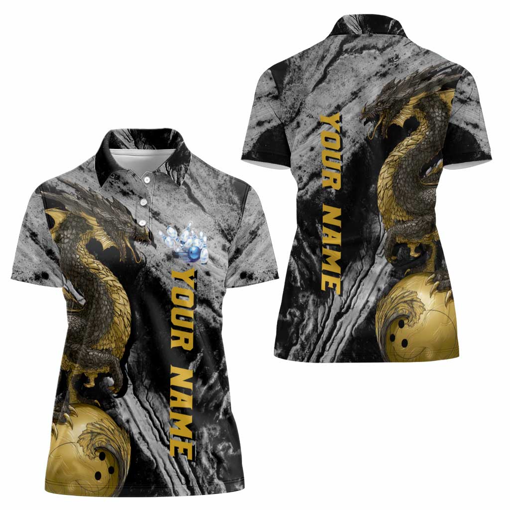 Golden Dragon and Bowling Ball Design Women Polo Shirt with Marble Stone Texture and Custom Team Name Text - Wonder Print Shop