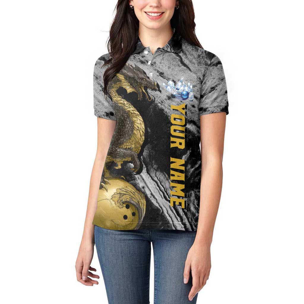 Golden Dragon and Bowling Ball Design Women Polo Shirt with Marble Stone Texture and Custom Team Name Text - Wonder Print Shop
