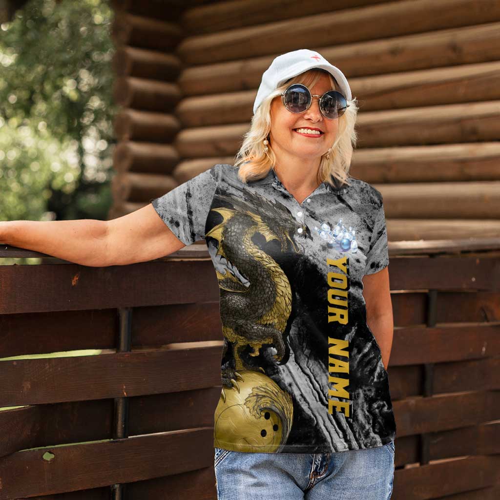 Golden Dragon and Bowling Ball Design Women Polo Shirt with Marble Stone Texture and Custom Team Name Text - Wonder Print Shop