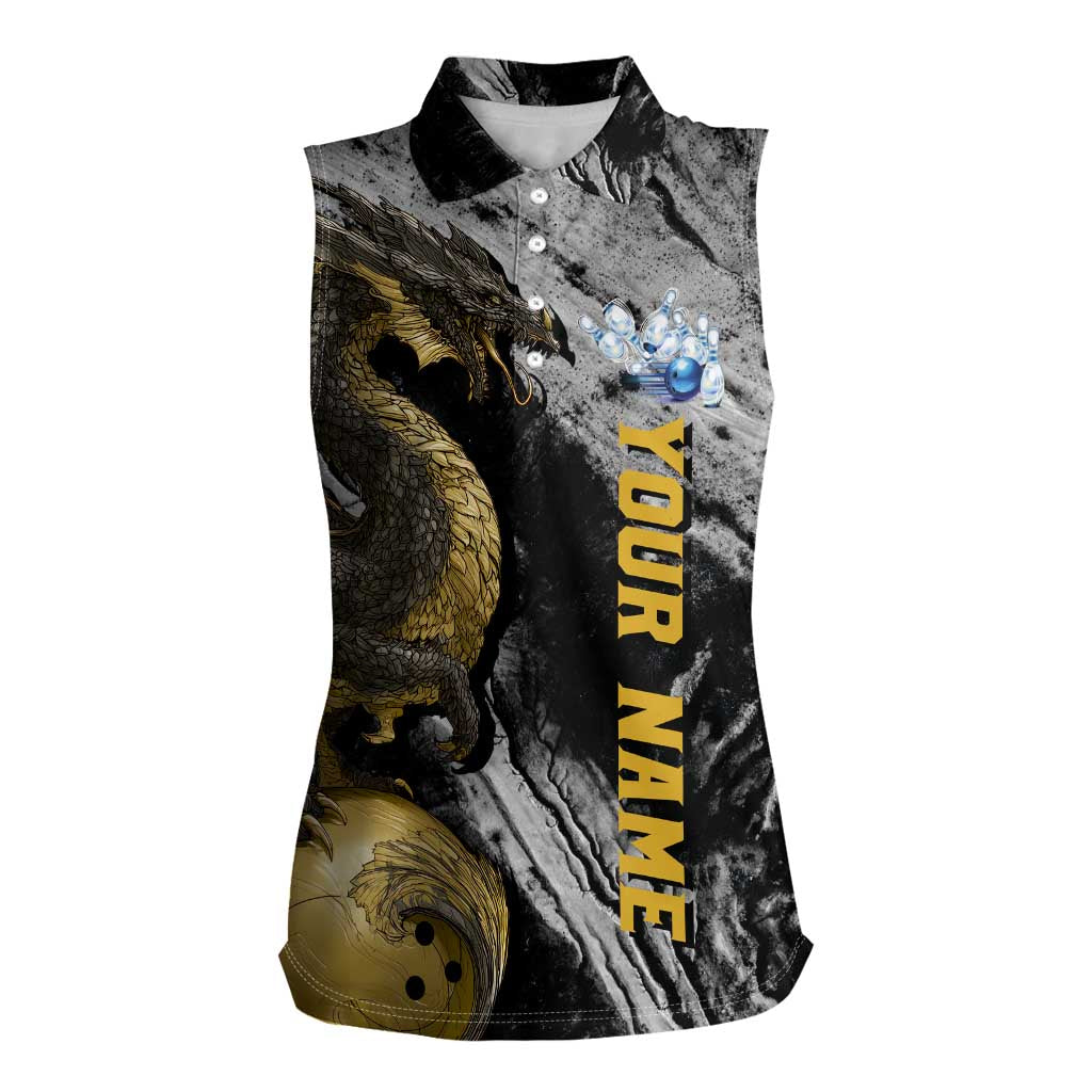Golden Dragon and Bowling Ball Design Women Sleeveless Polo Shirt with Marble Stone Texture and Custom Team Name Text - Wonder Print Shop