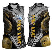 Golden Dragon and Bowling Ball Design Women Sleeveless Polo Shirt with Marble Stone Texture and Custom Team Name Text - Wonder Print Shop