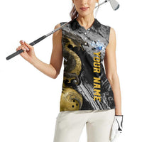 Golden Dragon and Bowling Ball Design Women Sleeveless Polo Shirt with Marble Stone Texture and Custom Team Name Text - Wonder Print Shop