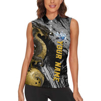 Golden Dragon and Bowling Ball Design Women Sleeveless Polo Shirt with Marble Stone Texture and Custom Team Name Text - Wonder Print Shop