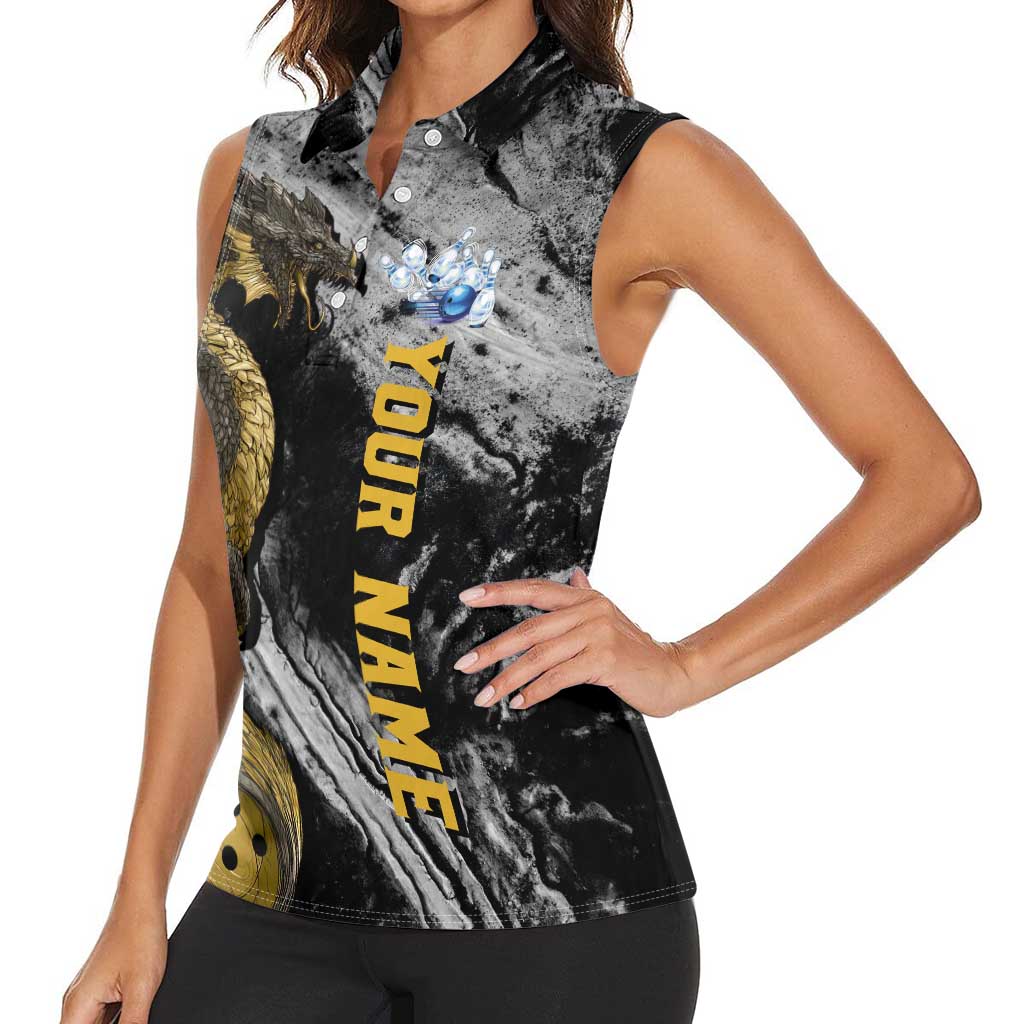 Golden Dragon and Bowling Ball Design Women Sleeveless Polo Shirt with Marble Stone Texture and Custom Team Name Text - Wonder Print Shop