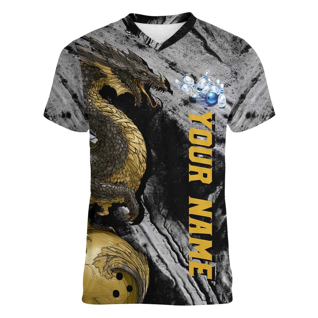 Golden Dragon and Bowling Ball Design Women V-Neck T-Shirt with Marble Stone Texture and Custom Team Name Text - Wonder Print Shop