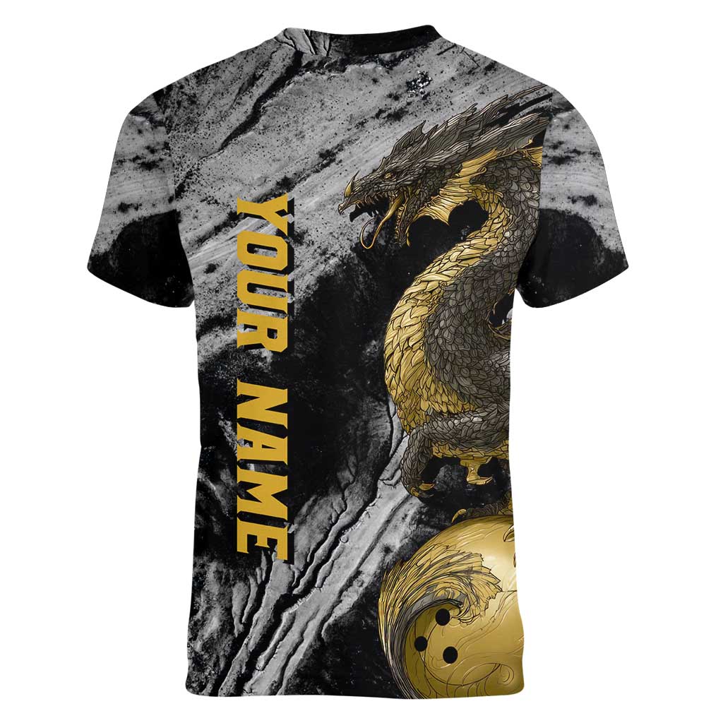 Golden Dragon and Bowling Ball Design Women V-Neck T-Shirt with Marble Stone Texture and Custom Team Name Text - Wonder Print Shop