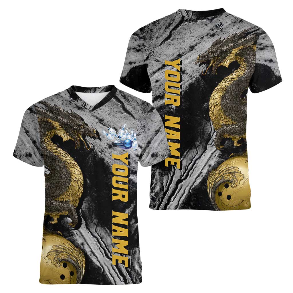 Golden Dragon and Bowling Ball Design Women V-Neck T-Shirt with Marble Stone Texture and Custom Team Name Text - Wonder Print Shop
