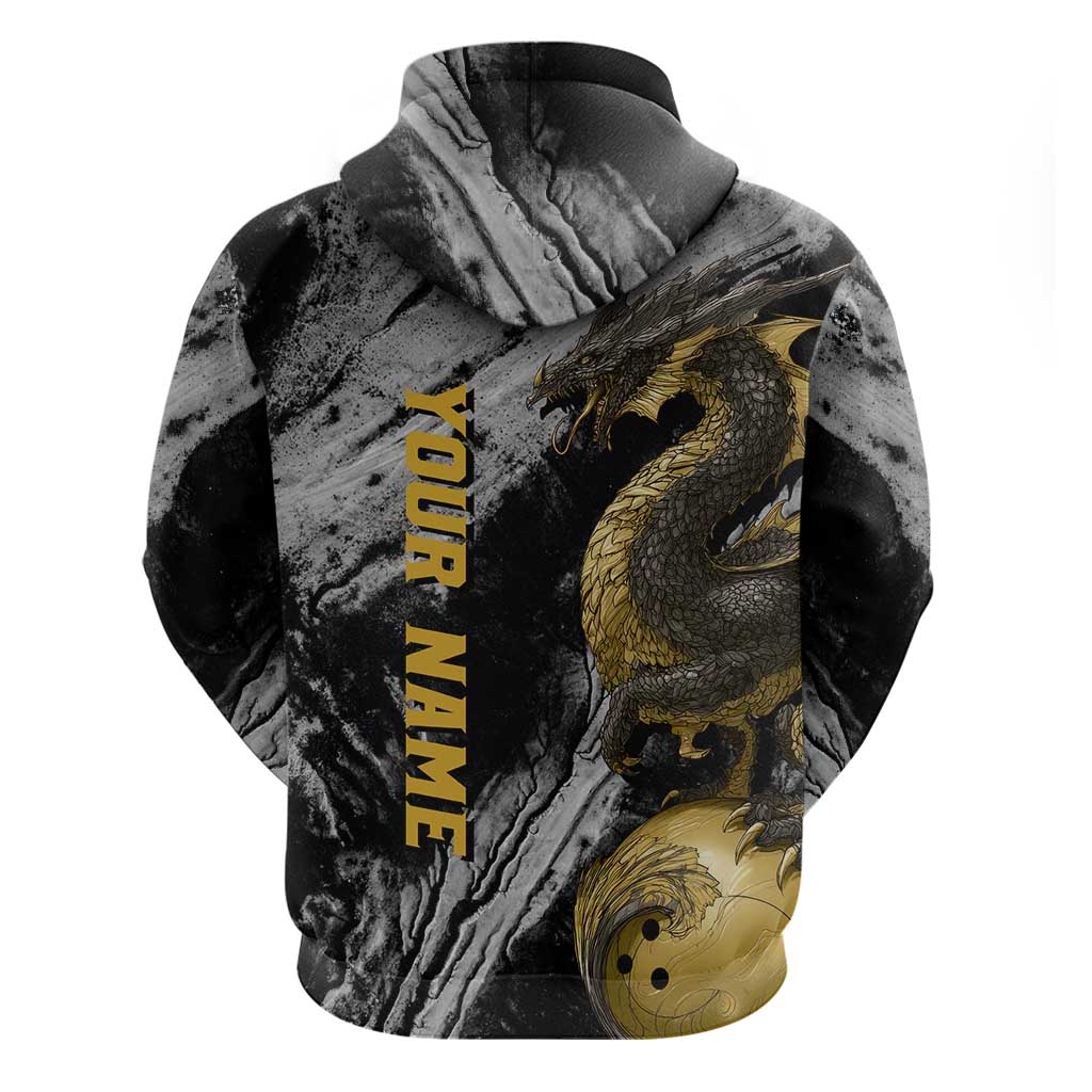 Golden Dragon and Bowling Ball Design Zip Hoodie with Marble Stone Texture and Custom Team Name Text - Wonder Print Shop