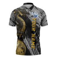 Golden Dragon and Bowling Ball Design Zipper Polo Shirt with Marble Stone Texture and Custom Team Name Text - Wonder Print Shop