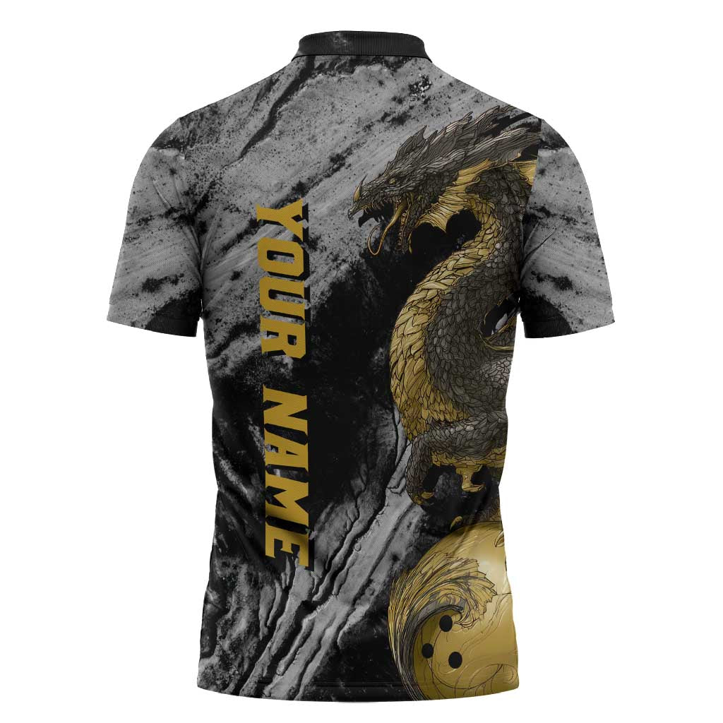 Golden Dragon and Bowling Ball Design Zipper Polo Shirt with Marble Stone Texture and Custom Team Name Text - Wonder Print Shop