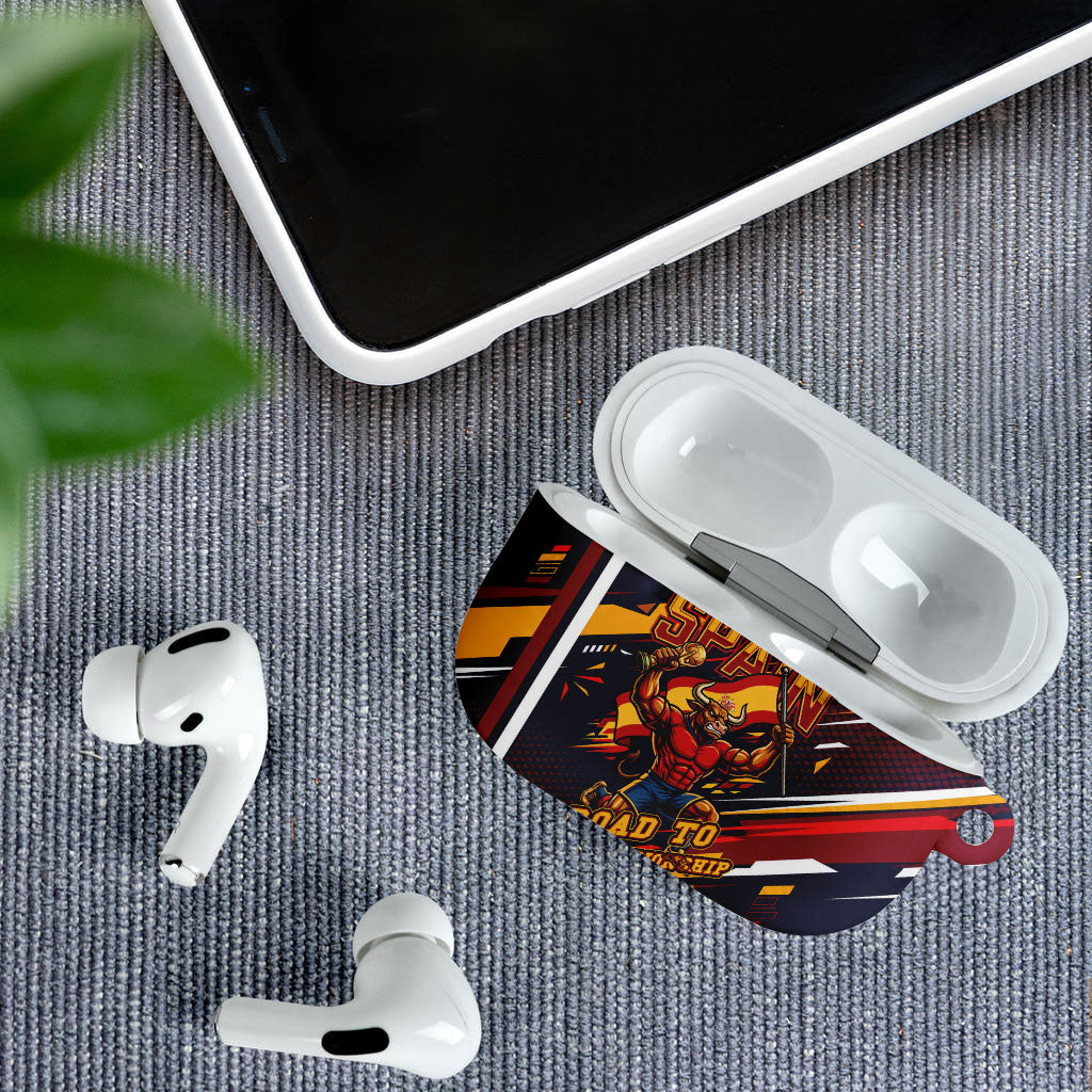 Spain Football Road To Championship AirPods Case Bull Mascot Flying Soccer Ball - Dynamic Speed Stripes