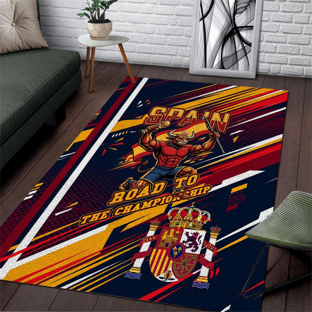 Spain Football Road To Championship Area Rug Bull Mascot Flying Soccer Ball - Dynamic Speed Stripes