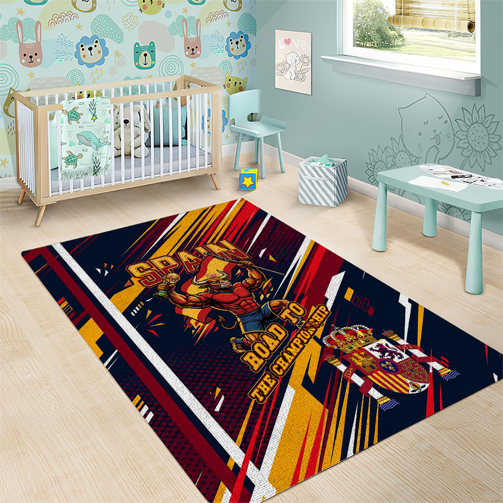 Spain Football Road To Championship Area Rug Bull Mascot Flying Soccer Ball - Dynamic Speed Stripes