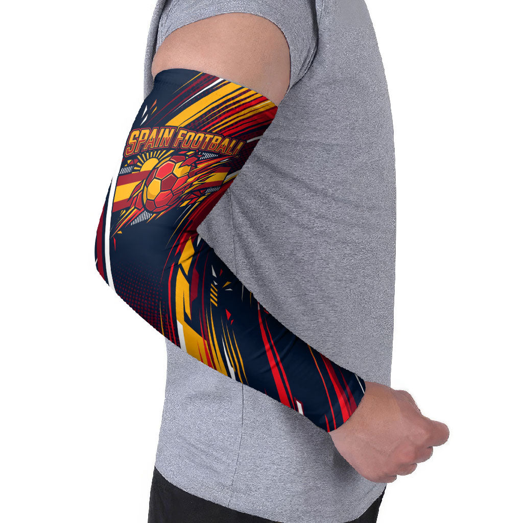 Spain Football Road To Championship Arm Sleeves Bull Mascot Flying Soccer Ball - Dynamic Speed Stripes