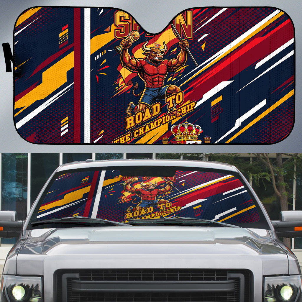 Spain Football Road To Championship Auto Sun Shade Bull Mascot Flying Soccer Ball - Dynamic Speed Stripes