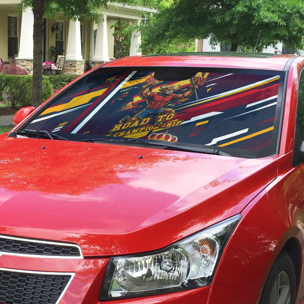 Spain Football Road To Championship Auto Sun Shade Bull Mascot Flying Soccer Ball - Dynamic Speed Stripes