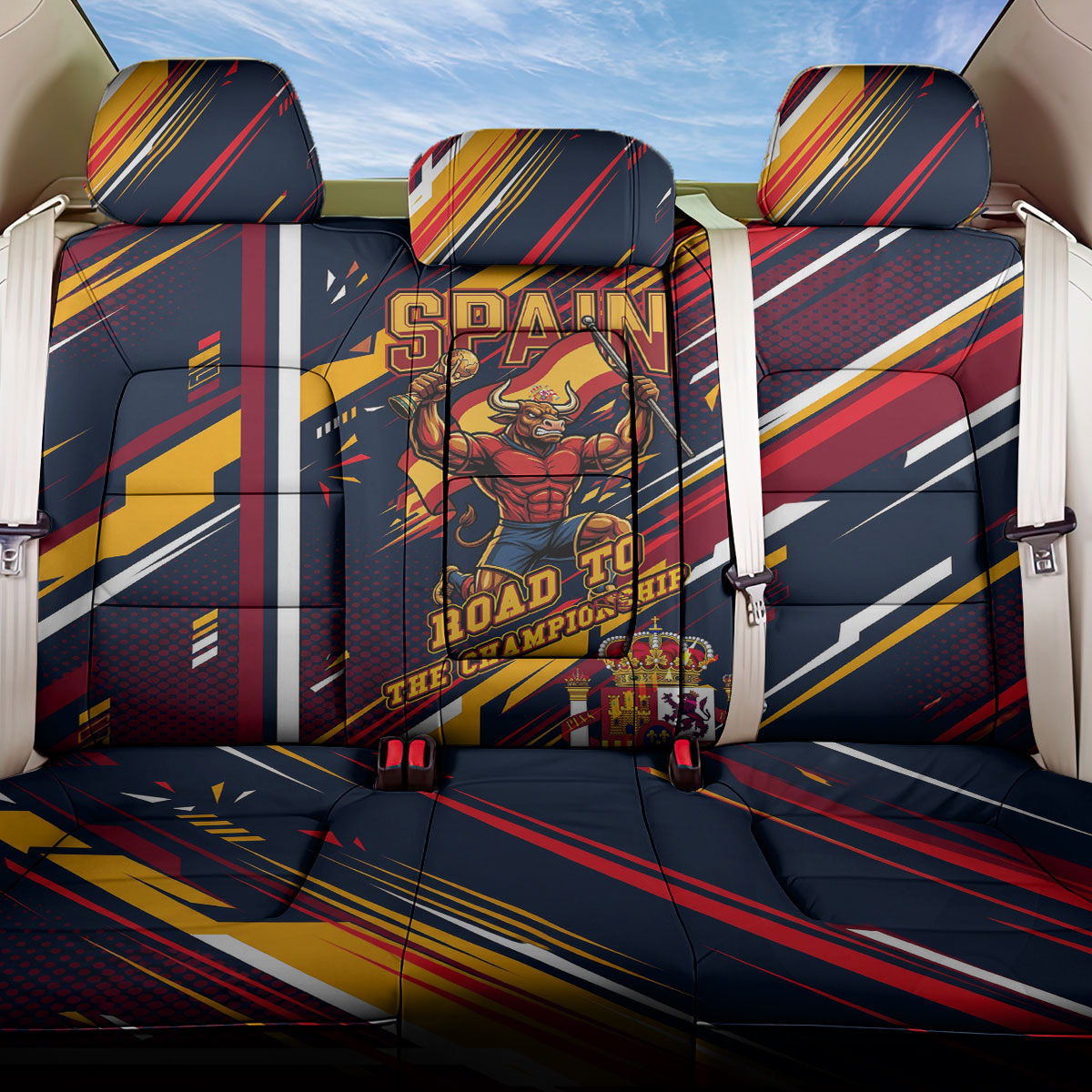Spain Football Road To Championship Back Car Seat Cover Bull Mascot Flying Soccer Ball - Dynamic Speed Stripes