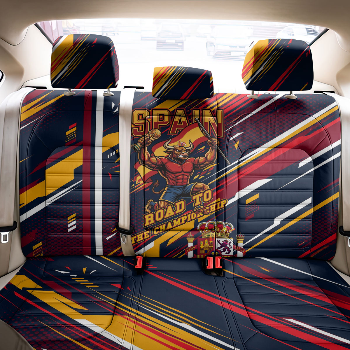 Spain Football Road To Championship Back Car Seat Cover Bull Mascot Flying Soccer Ball - Dynamic Speed Stripes